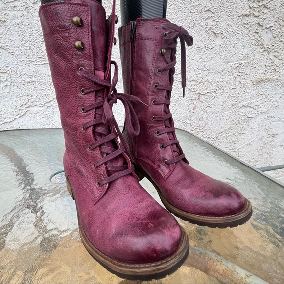 Bueno Casey Burgundy Leather Moto Combat Tall Lace Up Side Zip Boots - Picture 2 of 16